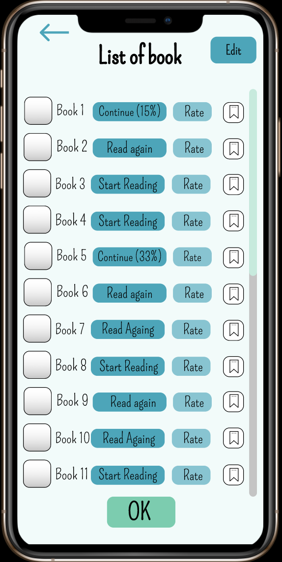 Screenshot from the MyBook page which shows the list of the user's book from initial design